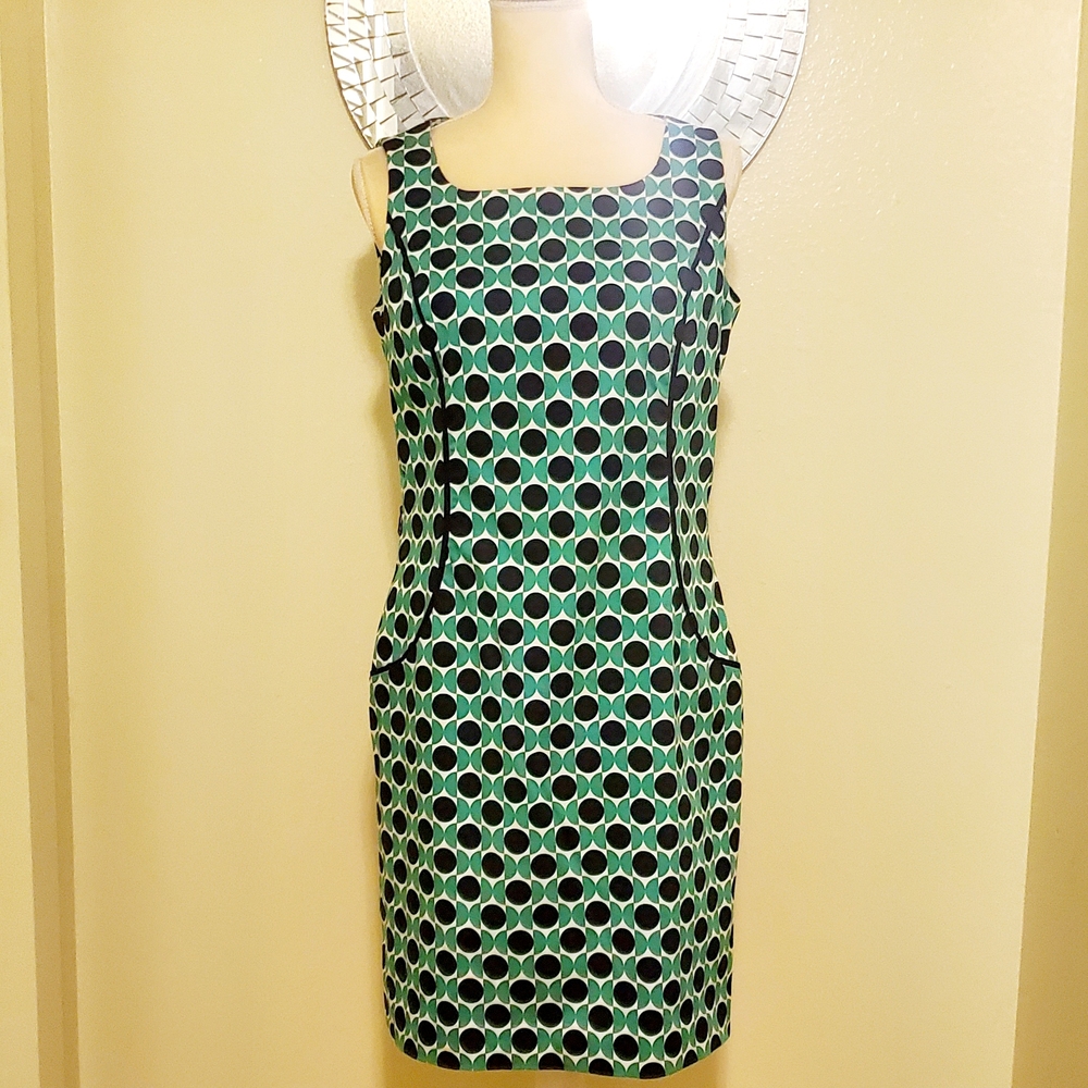 Women's DONCASTER Sz 10 Sleeveless Green Black Polka Dot Dress EUC